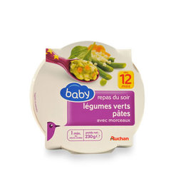 Auchan Baby repas du soir legumes verts pates 230g 12 mois