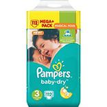 Couches baby dry méga + taille 3 (4-9kg) PAMPERS, 112 unités