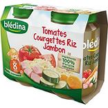 Petits pots pour bébé de tomate courgettes riz et jambon BLEDINA, dès8 mois, 2x200g