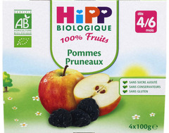 Compote infantile 100% Fruit pomme pruneaux HIPP, des 4mois, 4x100g
