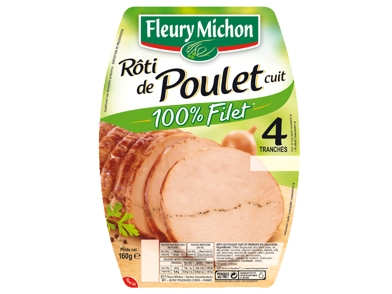 Roti de poulet cuit FLEURY MICHON, 4 tranches, 160g