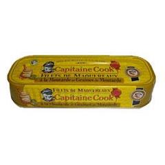 Filets de maquereaux a la moutarde et graines de moutarde, la boite de 185g