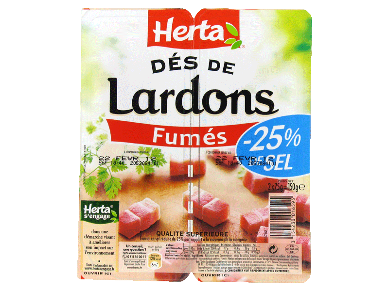 Lardons fumes -25% de sel HERTA, 2x75g