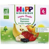 Hipp Biologique 100% Fruits Pommes Bananes Fruits Rouges dès 6 mois 12 x 100 g - Lot de 2 (24 coupelles)