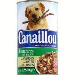 Bouchees en sauce pour chien, aux viandes, aux pates et aux legumes, la boite de 1,25kg