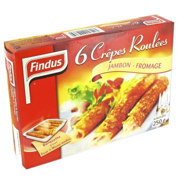 Crepes roulees jambon & fromage, barquette four & micro-ondes, x6, la boite, 250g