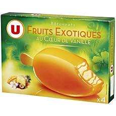 Batonnets glaces vanille enrobes sorbet fruits exotiques U, 4x90ml
