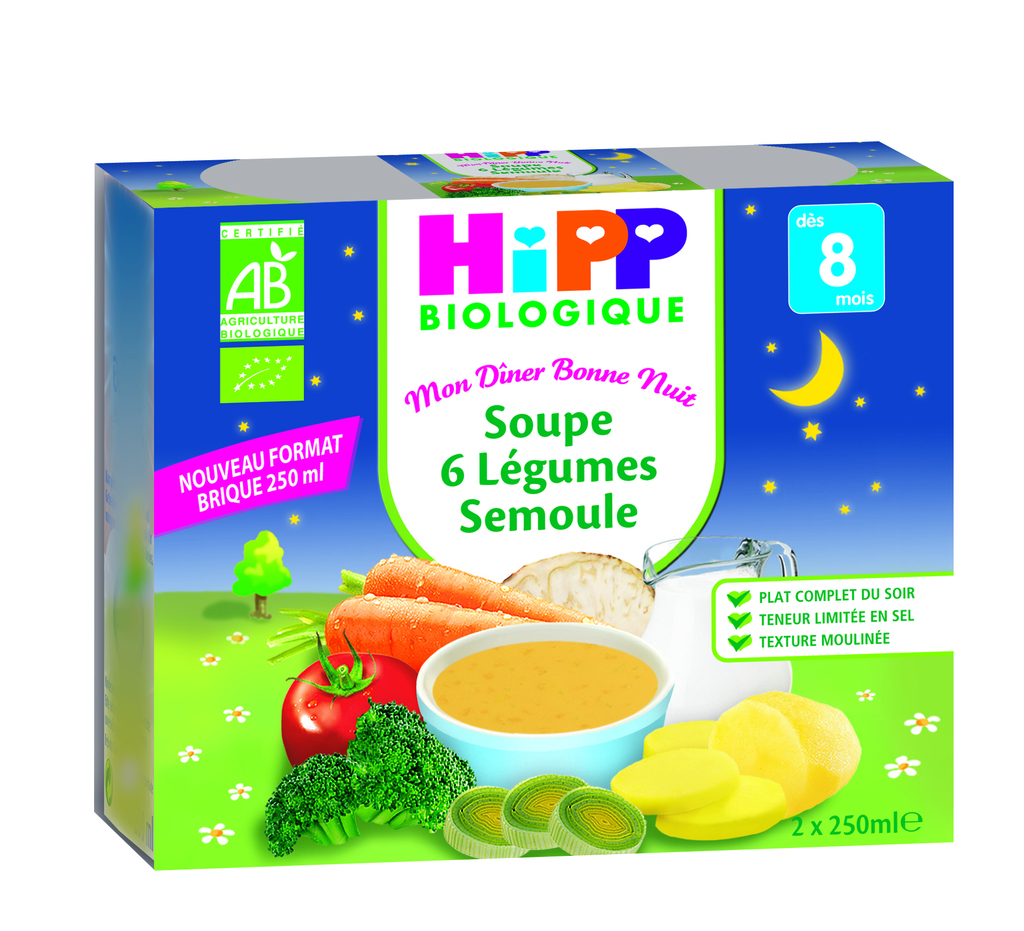 Hipp bio soupe 6 légumes semoule brique 2x250ml dès 8mois