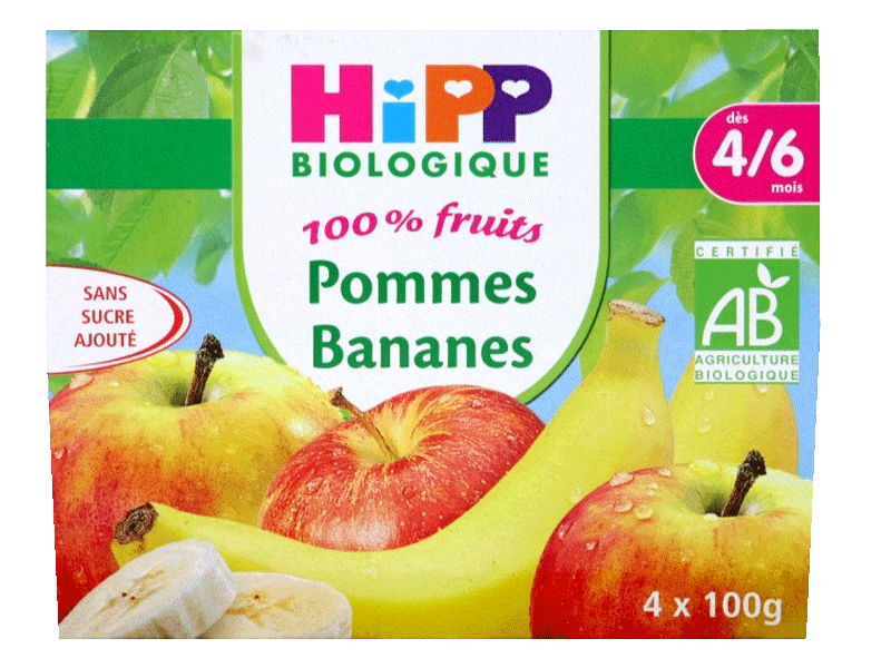 Hipp Biologique 100% fruits pommes bananes des 4 mois coupelles 4 ...