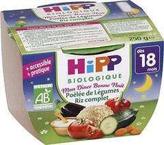 Hipp Biologique Mon Dîner Bonne Nuit Poêlée de Légumes Riz Complet dès 18 mois - 8 bols de 250 g