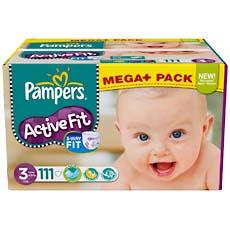 Couches Active Fit mega + PAMPERS, taille 3, 4 a 9kg, 111 unites