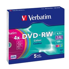 DVD - RW 4X VERBATIM, 5 unites en boitier slim case colores