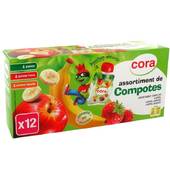 Cora Kido Compotes Panachés Allégées Pomme,pomme Fraise Et Pomme Banane 12 X 90g