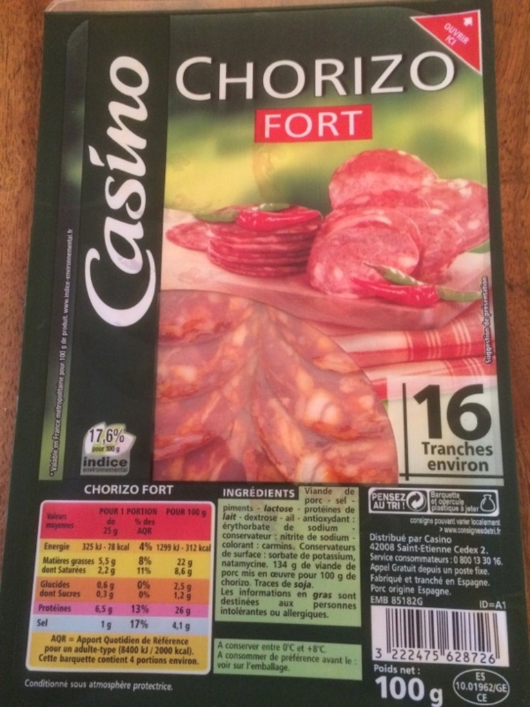 CASINO Chorizo - Fort - 16 tranches environ 100g