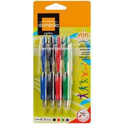 Domedia Creative, Mini stylo bille retractable 0,7 mm- 4 couleurs assorties, les 4 stylos