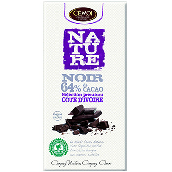 Chocolat noir Cemoi 64% cacao Cote ivoire bio 100g