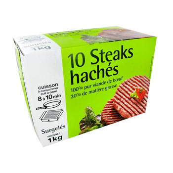 Steaks Haches 100% Pur viande de boeuf surgelee, 20% matiere grasse.