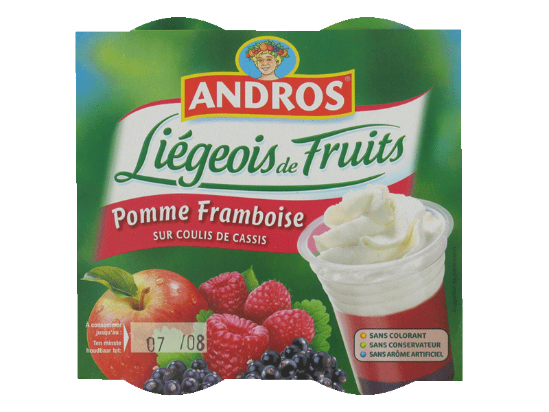 Liegeois de Fruits pomme framboise sur coulis de cassis ANDROS, 4x100g