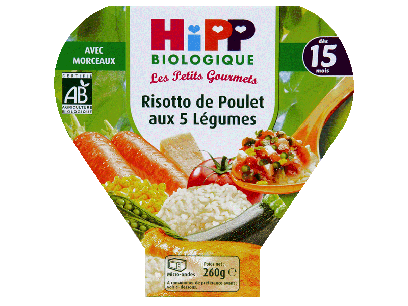 Biologique - Risotto de poulet aux 5 legumes (des 18 mois) Avec morceaux. Produits issus de l'agriculture biologique.