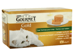 Gourmet Gold terrines lapin/agneau/plt/saumon chat bte 4x85g