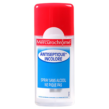 Spray antiseptique au Mercurochrome incolore Formule sans alcool, le spray antiseptique est non irritant. Il permet de nettoyer sans douleur les petites blessures.