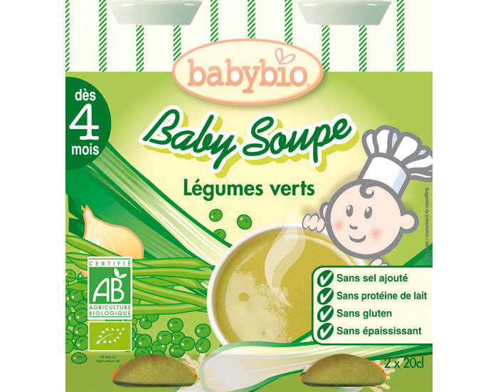 Soupe infantile bio legumes verts BABYBIO, des 4 mois, 2x20cl
