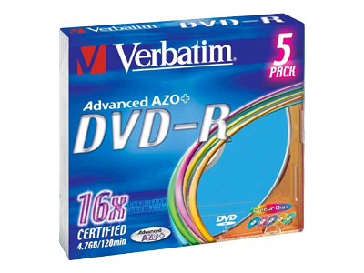 DVD-R 16X VERBATIM, 5 unites en boitiers slim case colores