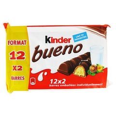 Kinder Bueno - Gaufrettes enrobées chocolat lait fourrées lait noisettes le lot de 12x2 barres - 516 gr