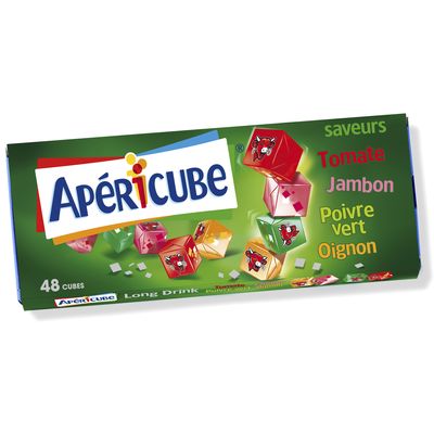 Apericube - Long drink assortiment de cubes de fromages fondus - 48 cubes 22.5% de matieres grasses, a base de lait pasteurise. Assortiment de 4 gouts : poivre vert, oignons, tomate et jambon.