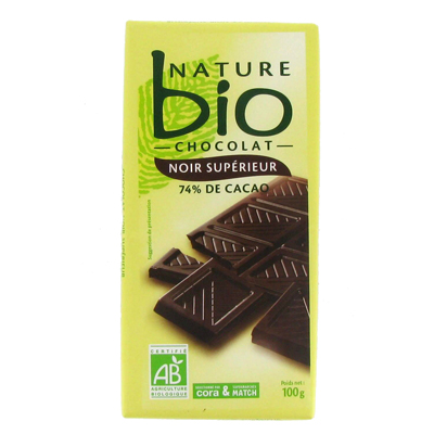 Nature bio chocolat noir superieur 74% de cacao issu de l'agricu...