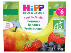 Hipp bio 100% fruits pommes bananes fruits rouges 4x100g 6m
