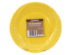 24 Assiettes en carton plastifie jaune - 23cm