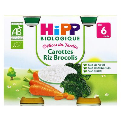 Petit pot pour bebe carottes, riz et brocolis HIPP BIOLOGIQUE, des 6 mois, 2x190g