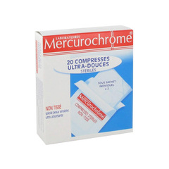 Mercurochrome, Compresses ultra-douces steriles, 7.5cm x 7.5cm, non tisse, special peaux sensibles ultra-absorbantes, x20, la boite