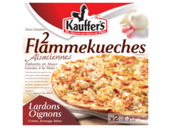 Kauffer's, Tartes flambees alsacienne flammekueche x2, creme, fromage blanc, oignons et lardons, garnies a la main, la boite,500g