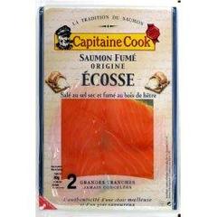 Capitaine Cook, Saumon fume origine Ecosse, sale au sel sec et fume au bois de hetre, x2 grandes tranches, le paquet, 80g