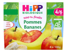 Hipp Biologique 100% fruits pommes bananes des 4 mois coupelles 4 ...