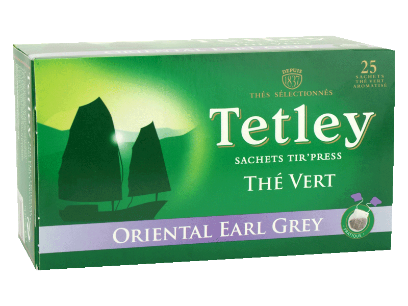 Tetley, Oriental earl grey, the vert aromatise, x25 sachets tir'press, la boite, 44g