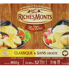 Duo de raclette au lait pasteurise nature et sans croute RICHES MONTS, 26%MG, 850g