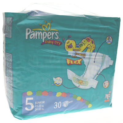 Couches Baby Dry extra junior PAMPERS, taille 5, 11 a 25kg, 30 unites