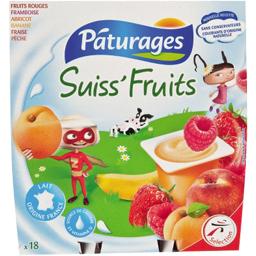 Suiss'fruits, fromages frais sucres aux fruits, fraise, abricot, framboise, banane, saveur vanille, 18 x 55g, 990g