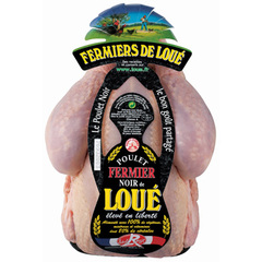 Poulet fermier de Loue Label Rouge Le poulet fermier noir de Loue est un poulet fermier Label Rouge de souche noire abattu a l'age de 84 jours minimum. Sa conformation est rustique, son grain de peau est fin, sa chair est blanche et ferme.
