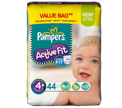 Couches Active Fit maxi + PAMPERS, taille 4 + , 9 a 20kg, 44 unites