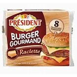 Fromage fondu pasteurisé 17% de MG tranches burger gourmand raclette PRESIDENT, 150g