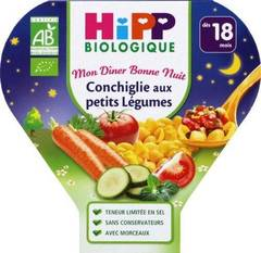 Hipp Biologique Mon Dîner Bonne Nuit Conchiglie aux Petits Légumes dès 18 mois - 6 assiettes de 260 g