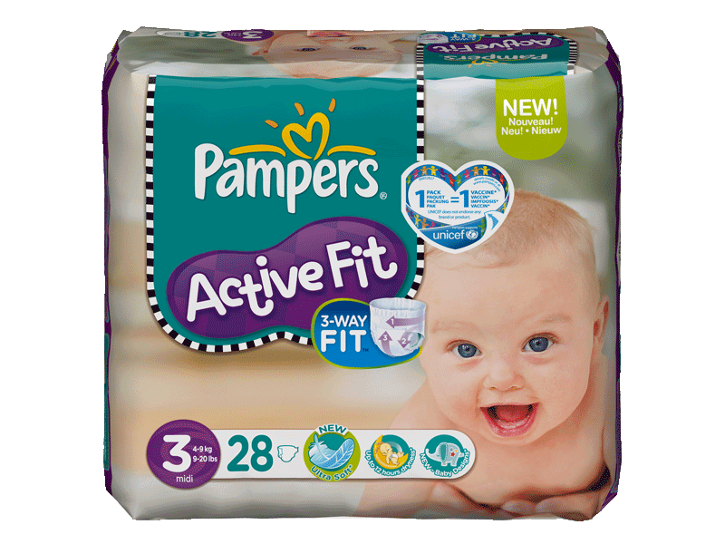 Couches Active Fit midi PAMPERS, taille 3, 3 a 6kg, 28 unites