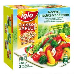 Iglo, Legumes melanges cuisson vapeur, recette Mediterraneenne, la boite de 2 portions individuelles, 400g
