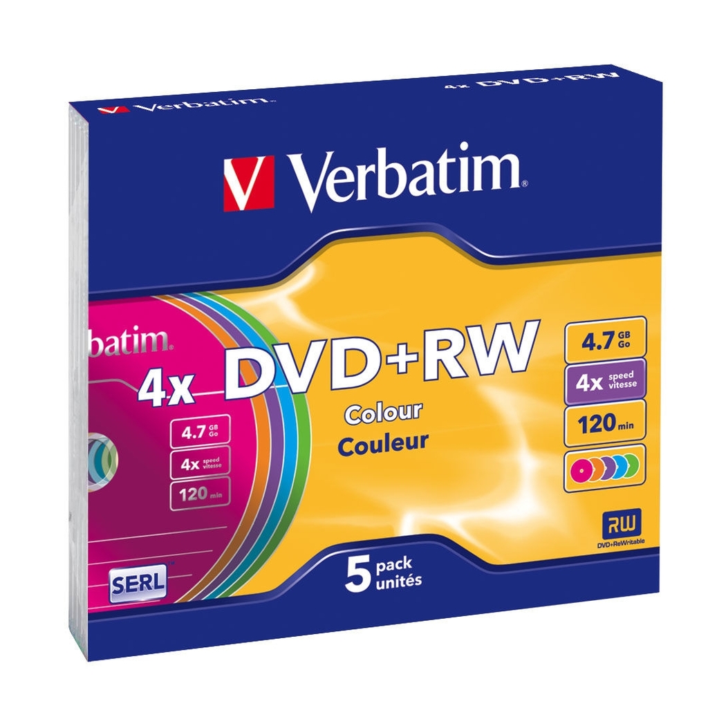 DVD + RW 4X VERBATIM, 5 unites en boitier slim case colores