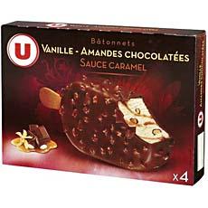 Batonnets glaces vanille-amandes chocolatees U, 4x90ml, 360ml