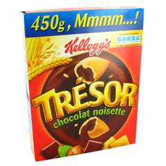 Tresor - Cereales fourres au chocolat et noisettes Du chocolat fondant dans une cereale croustillante.